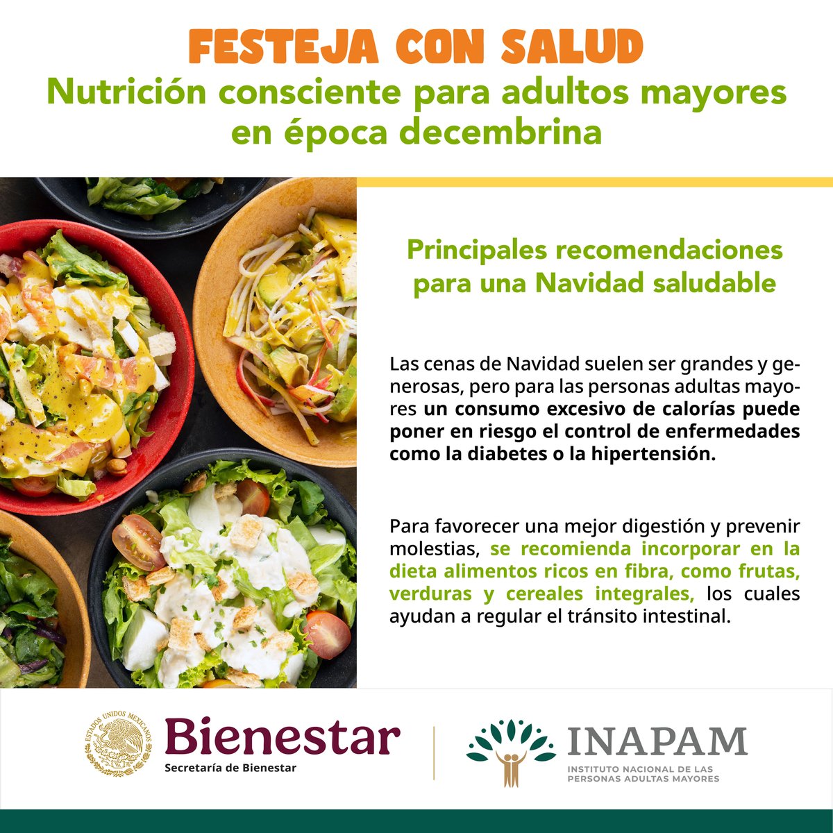 INAPAM's tweet photo. Para que #Celebren con #Salud y #Equilibrio las #PersonasAdultasMayores en la #Cena #Navideña deben #Comer porciones pequeñas y despacio para tener una #DigestiónSaludable y #Sentirse satisfechos con menos. https://t.co/PansrjUDmE