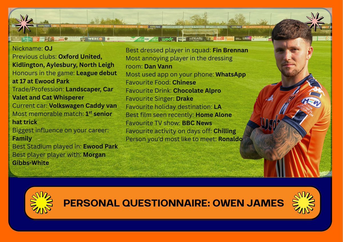 StratfordTownFC's tweet image. PLAYER PROFILE - OWEN JAMES
Coming up next in The Bards' Player profiles is 'OJ'. A big thanks to Owen for sharing some of his favorite things with the Bardy Army. #COYB #Players
