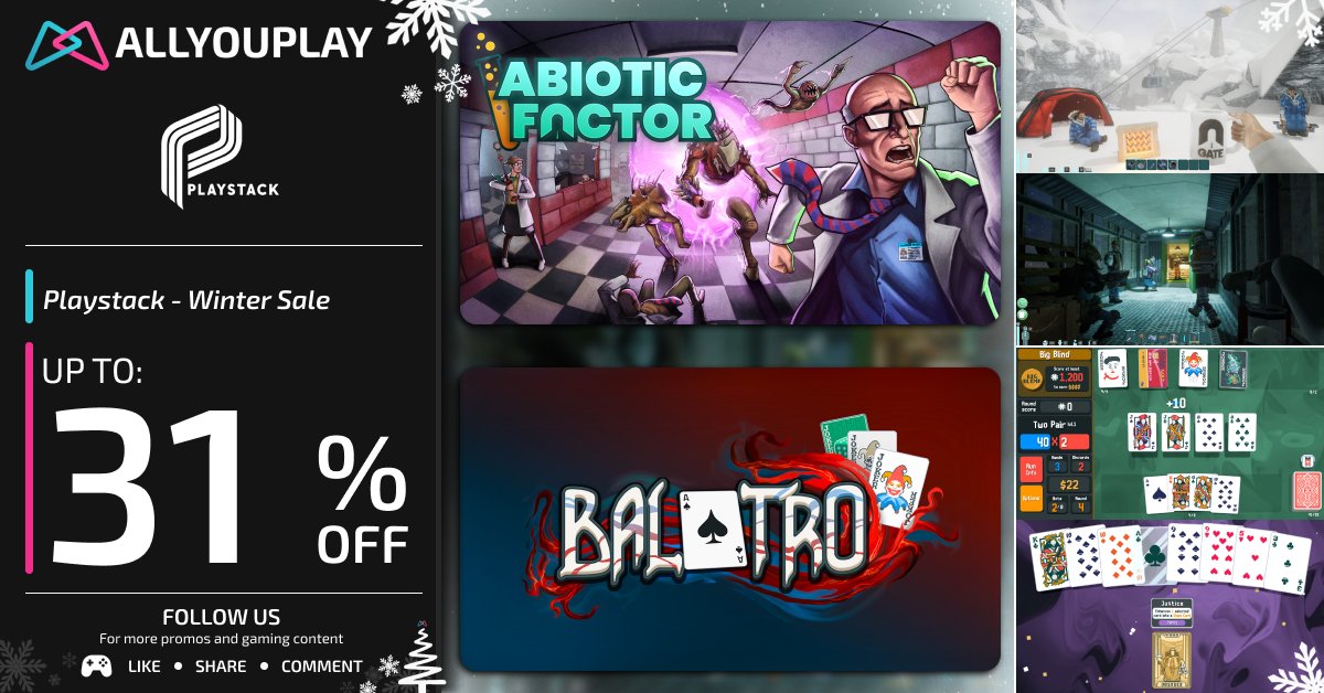ALLYOUPLAY's tweet image. Winter doesn’t freeze your brain — it sharpens it. 🧠❄️

🧪 Abiotic Factor — 23.39€ / 23.99£ / 24.00$
🃏 Balatro — 11.39€ / 11.51£ / 12.20$

One game turns science into survival.
The other turns cards into controlled chaos.
Different rules. Same addiction.

🎮 Playstack –…
