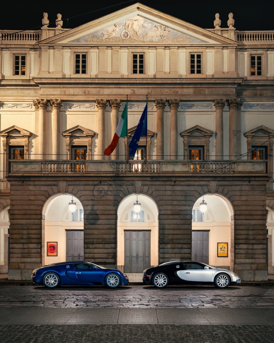 Bugatti's tweet image. 20 years of the VEYRON. BUGATTI marks two decades of speed and timeless design in front of Milan’s Opera. 

#BUGATTI #VEYRON