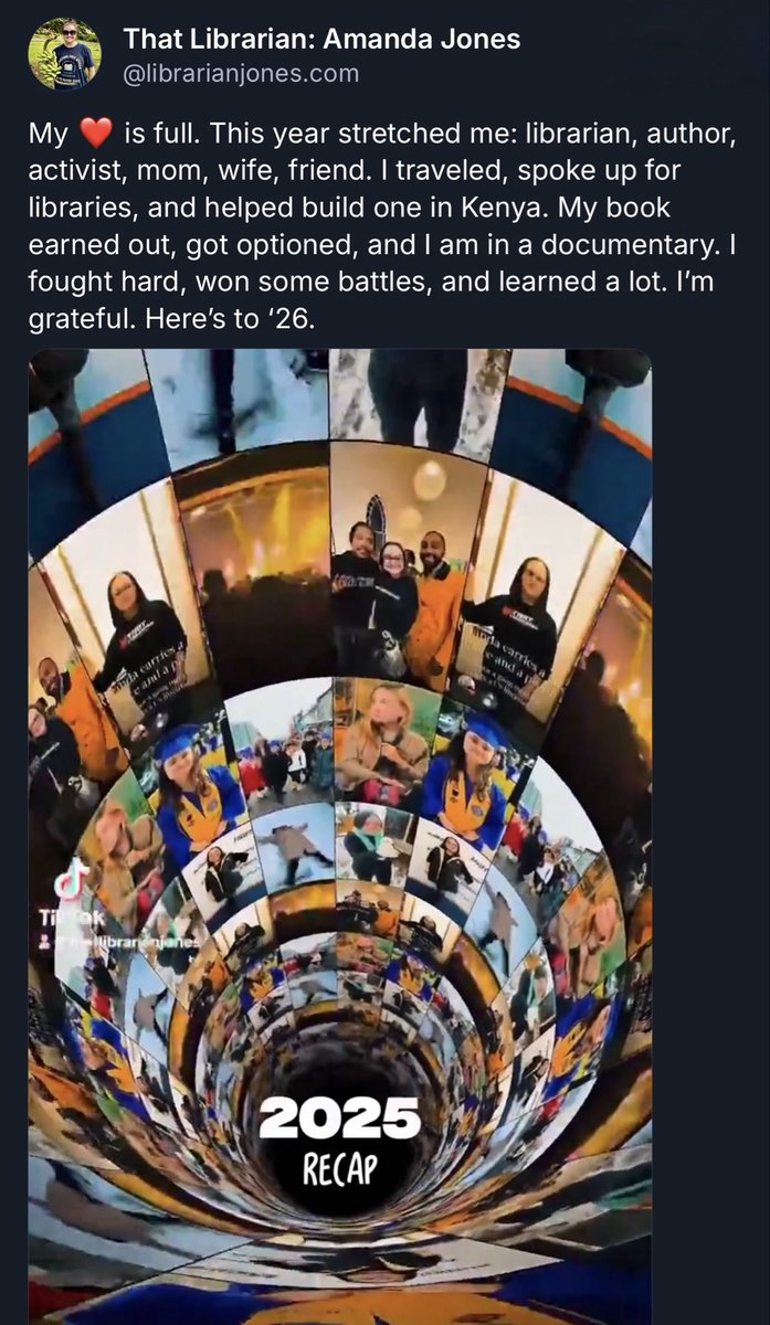 OccupyLibraries's tweet image. School librarian Amanda Jones, suing me for defamation, ends her 2025 recap by gloating over her and American Library Association successfully beating back another parent she and ALA also sued for defamation, as ALA trains librarians to do, with four years of lawfare. The parent…