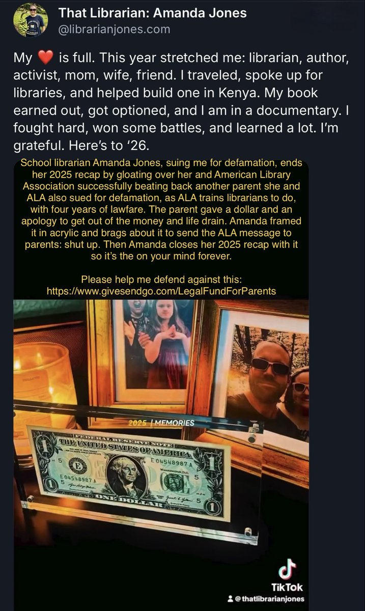 OccupyLibraries's tweet image. School librarian Amanda Jones, suing me for defamation, ends her 2025 recap by gloating over her and American Library Association successfully beating back another parent she and ALA also sued for defamation, as ALA trains librarians to do, with four years of lawfare. The parent…