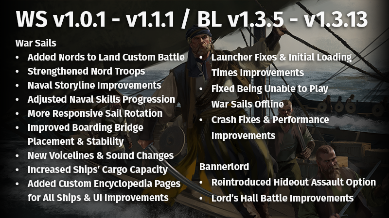 Greetings Warriors of Calradia! ⚔️

Since the launch of War Sails, we’ve been closely following your feedback and rolling out a steady stream of hotfixes to improve the experience. 

Today, we’re releasing War Sails v1.1.1 alongside Bannerlord v1.3.13 to PC. The patch will follow