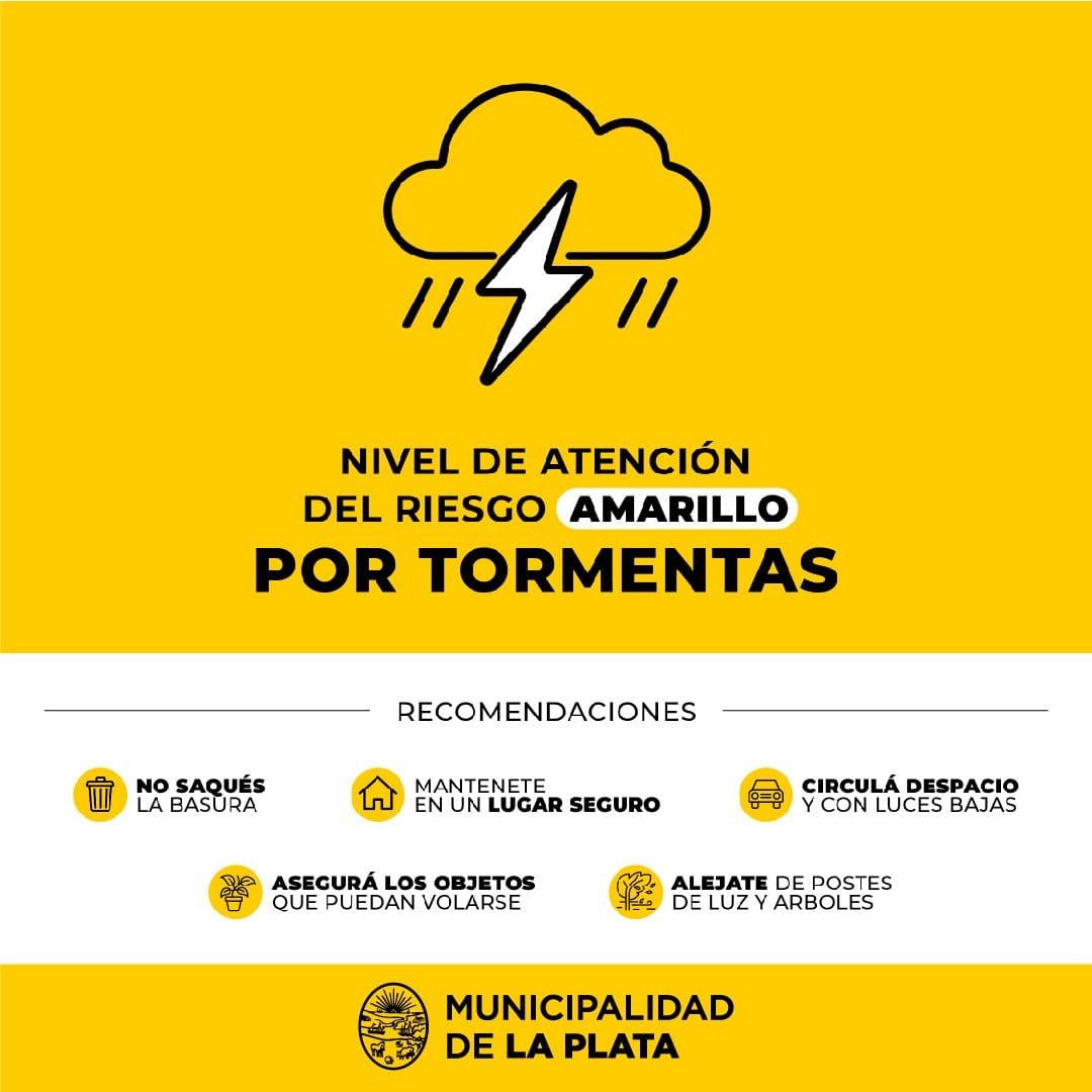 ClimaMLP's tweet photo. 12:00 h> Subimos a AMARILLO el NIVEL DE ATENCIÓN DEL RIESGO POR TORMENTAS en la ciudad de La Plata; algunas podrían ser localmente fuertes durante las últimas horas de la tarde de hoy. https://t.co/g6UFtQExUV
