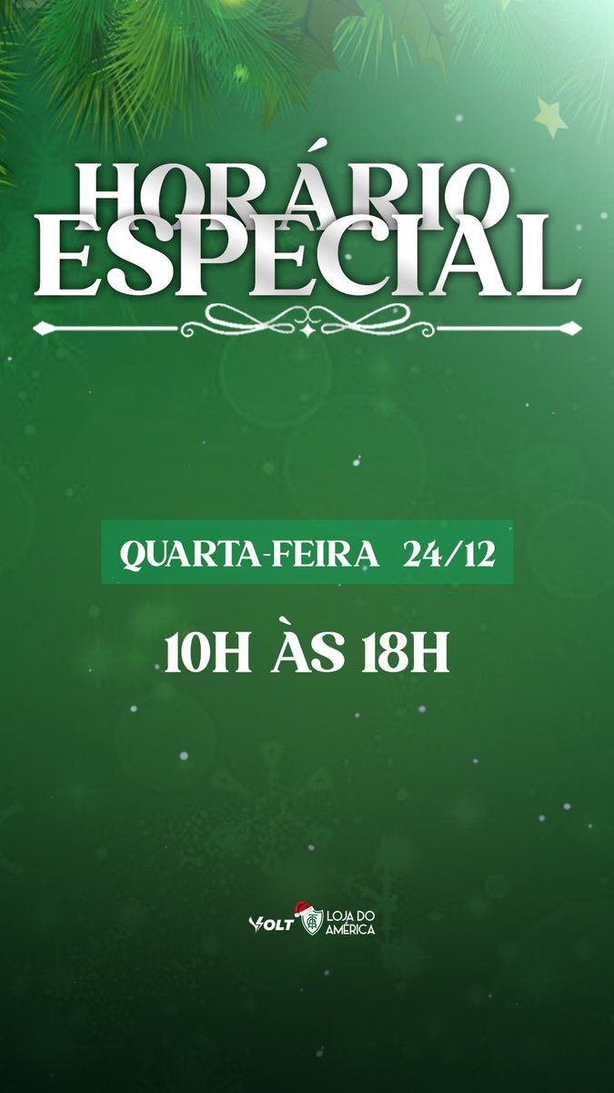 Horários especiais da Loja do América para a Véspera de Natal. 🎄⏰

Ainda não garantiu aquele presentão do <a href="/AmericaFC1912/">América FC</a>? 😱

Corre em nossa loja física oficial e não deixe para a última hora! Te aguardamos aqui! 🐰