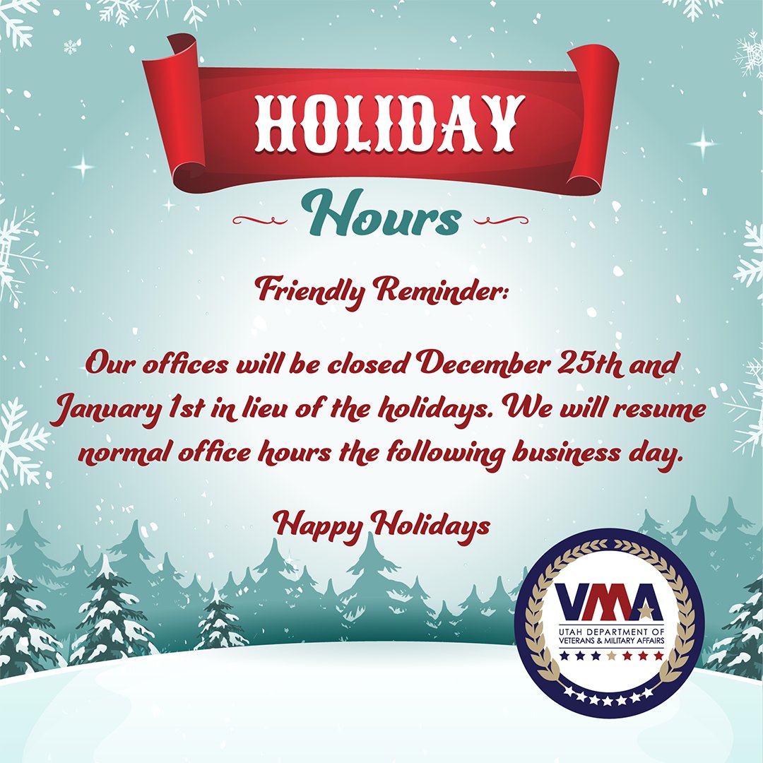 Wishing our community, veterans, military, and their families safe and happy holidays from the Utah Department of Veterans and Military Affairs. 🎄
Our offices will be closed on Christmas Day and New Year’s Day.

#HappyHolidays #VeteranFamilies #UtahVeterans #MilitaryFamilies