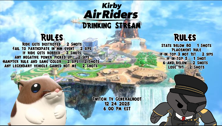 Generalnoot's tweet photo. 🐧DRINKING STREAM🐧
On this fine Christmas Eve it was a Penguin and Hampter that hit grandma!!!!

Kirby Air riders Drinking stream today at 6pm Est with a lot of goofy rules!!!!
see you there at https://t.co/sYSB6bLLin
#Nootpost https://t.co/CTA8R9lm8u