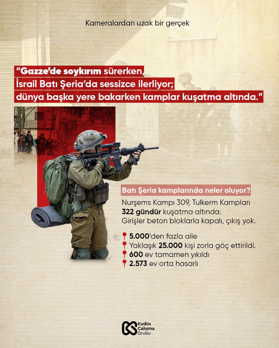 Kameralardan uzak bir gerçek…
Gazze’de soykırım sürerken, Batı Şeria’da kamplar sessizce kuşatma altında.

Dünya başka yere bakarken yaşananları unutma, unutturma.

📌 Sessizlik de bir tercihtir.

#tulkerim #gazze