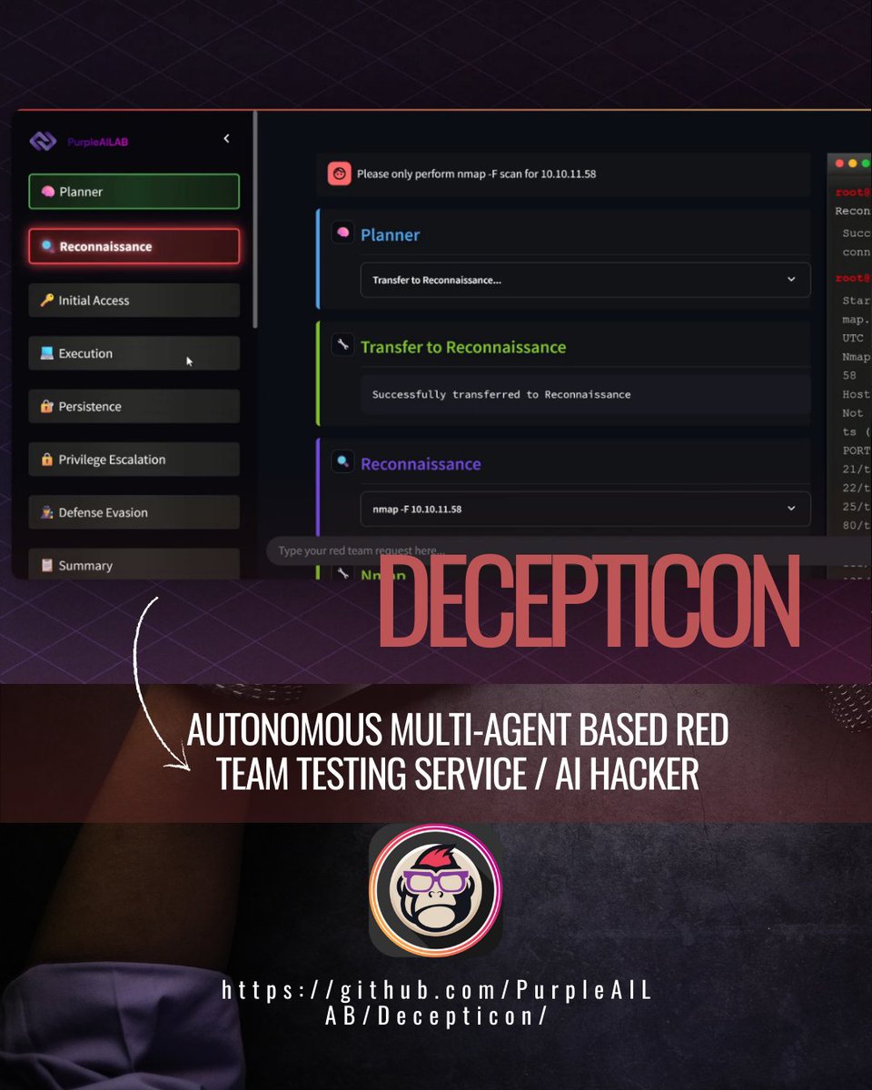 EsGeeks's tweet image. ¿Un Red Team de agentes de IA autónomos? 🤖 Decepticon utiliza LangGraph para automatizar el pentesting, desde el reconocimiento hasta el acceso inicial. El futuro de la ciberseguridad ofensiva está aquí.

🤖 #Decepticon #AI #RedTeam #HackingEtico #AI #IA #Hacking