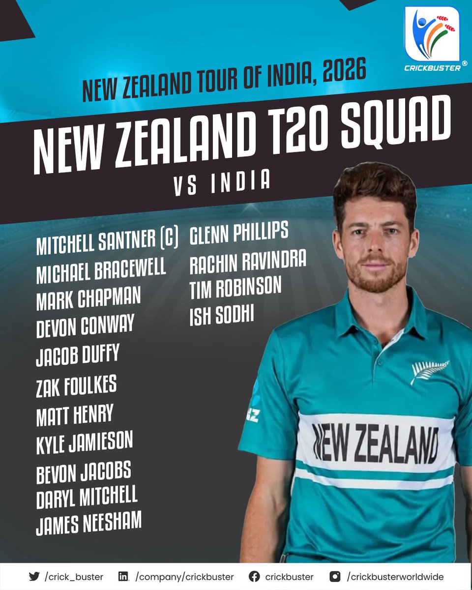 Crick_buster's tweet photo. New Zealand lock in their squads for the India tour 2026 ๐ณ๐ฟ๐ฎ๐ณ
ODIs and T20Is set, challenges lined up, and big matchups ahead. Get ready for some high-intensity cricket.
#NZTourOfIndia #INDvsNZ #ODISeries #T20Series #Cricket #Crickbuster https://t.co/l6jX75iHMp