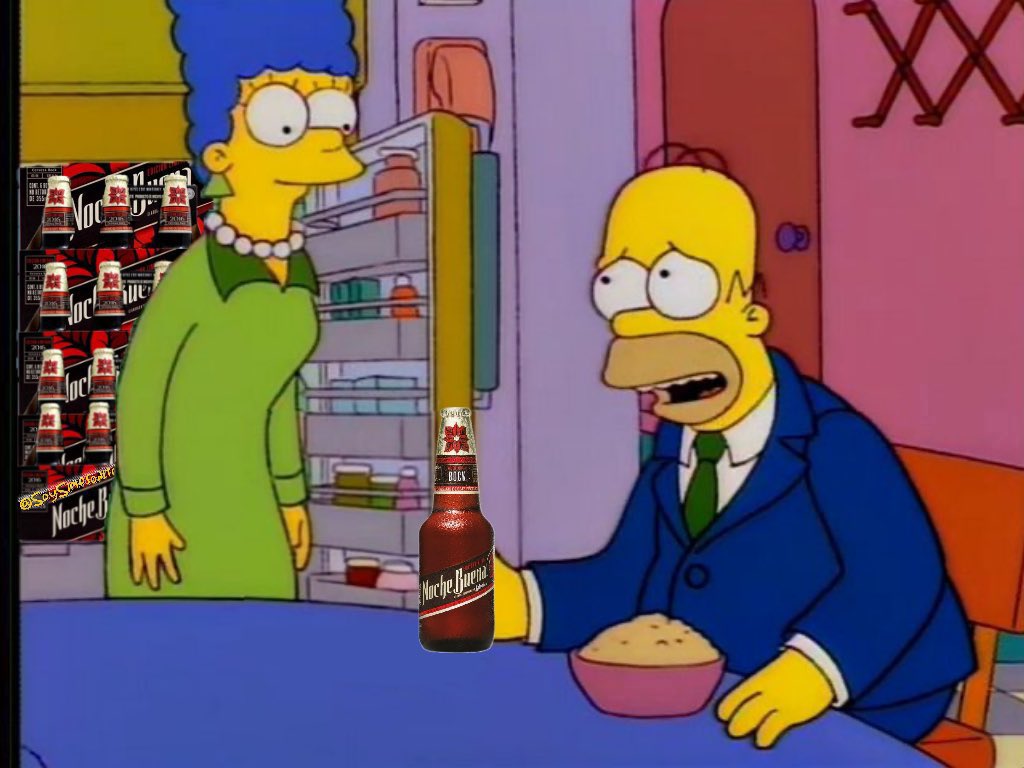 – Homero, ¿no compraste leche? ¡Solo hay cerveza Noche Buena!🍺
– ¡Ya se acerca el fin de Año, Marge! Solo podemos disfrutarla en estos días, y luego la 4T nos la quita. 😔