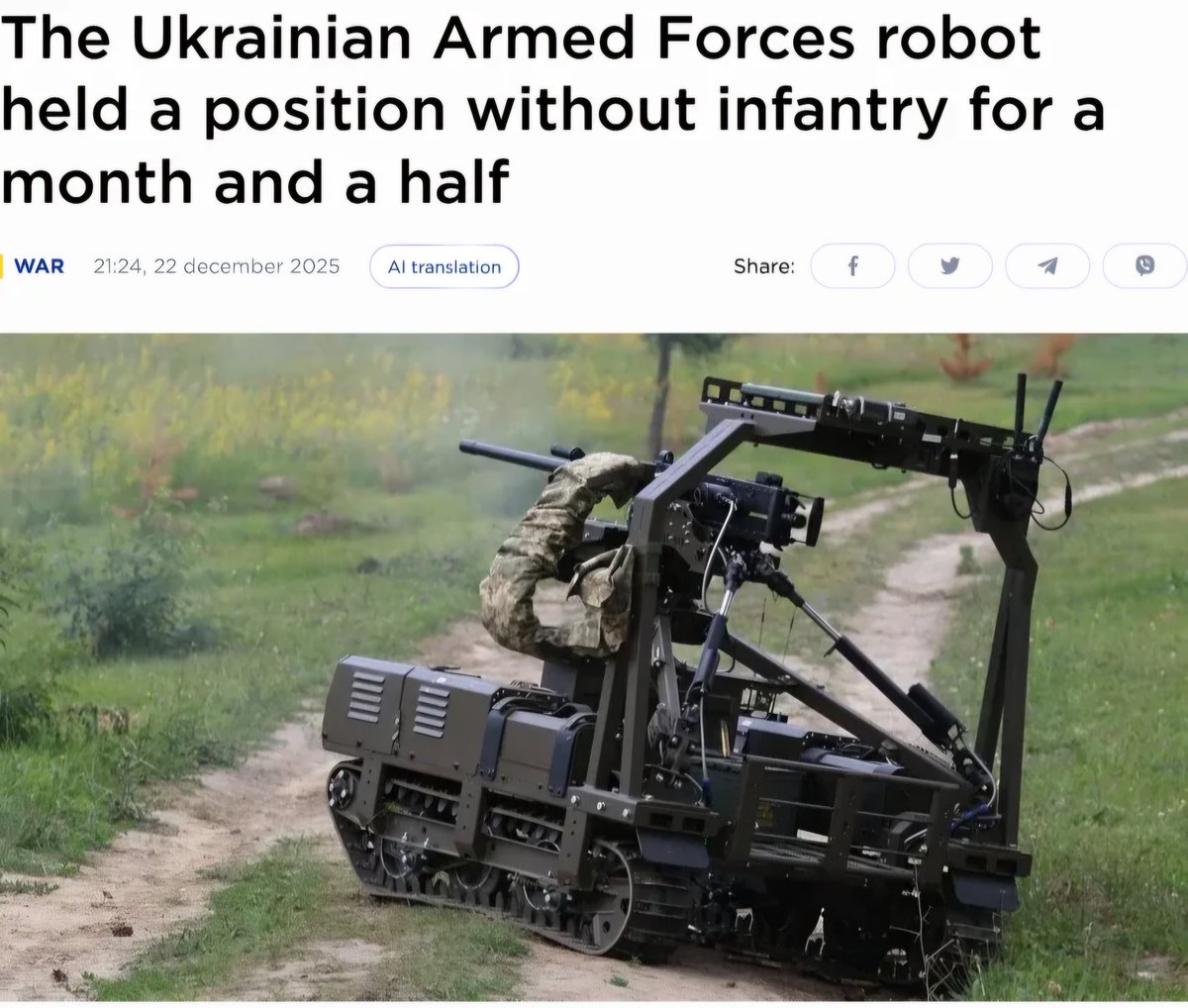 chris_j_paxton's tweet photo. Combat robot armed with a 12.7mm machine gun held a position for 45 days for the Ukrainian 3rd SAB. Humans only approached the robot at night to rearm and reload or replace batteries. https://t.co/NcKkBp4Tio
