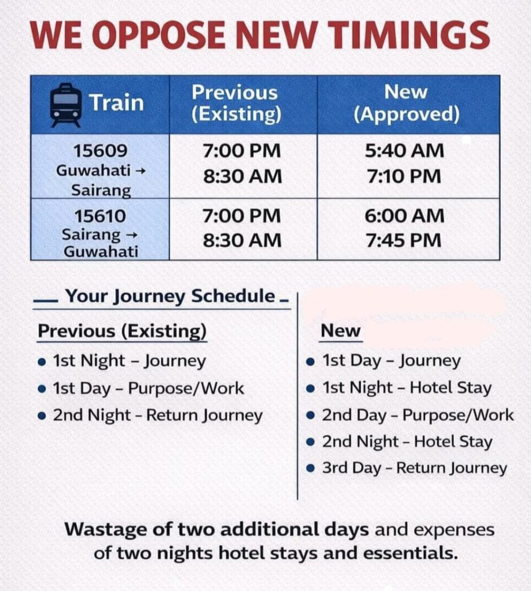MamonLaskar11's tweet photo. @RailwaySeva @RailNf @drm_lmg_nfr We strongly urge the Railway authorities to reconsider and restore the previous schedule in the interest of public convenience and regional connectivity.
#SairangGuwahatiExpress
##OpposeNewTimings
#PassengerConvenience
#SavePublicInterest https://t.co/hQYPwti6MT
