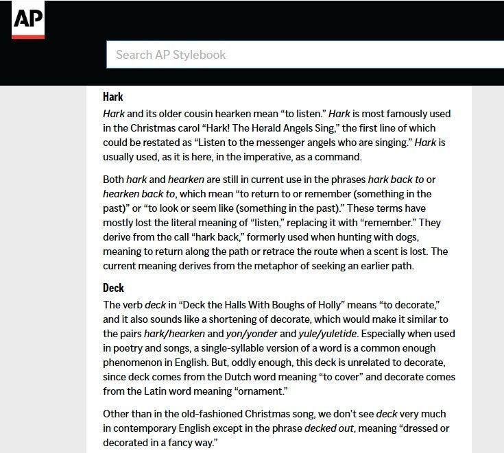 APStylebook's tweet image. Christmas has a language all its own. It's a time of year when carols are full of old words like hark, yon, deck and don.
AP Stylebook Online subscribers have free access to Merriam-Webster content through the end of the year. We recently added a Merriam-Webster blog post titled…