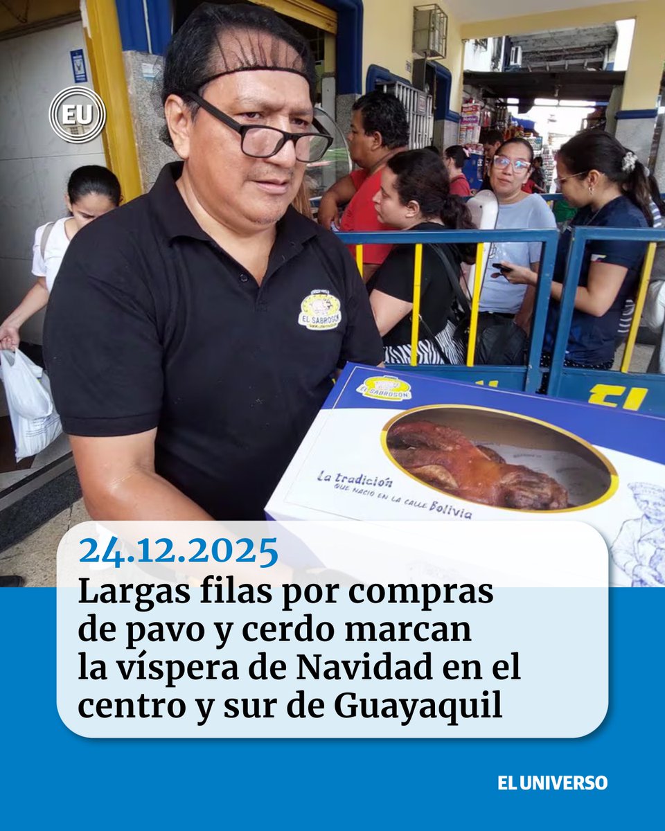 eluniversocom's tweet image. 👉🏻ow.ly/NApq50XO0Xn | Largas filas por compras de #pavo y #cerdo marcan la víspera de #Navidad en el centro y sur de #Guayaquil