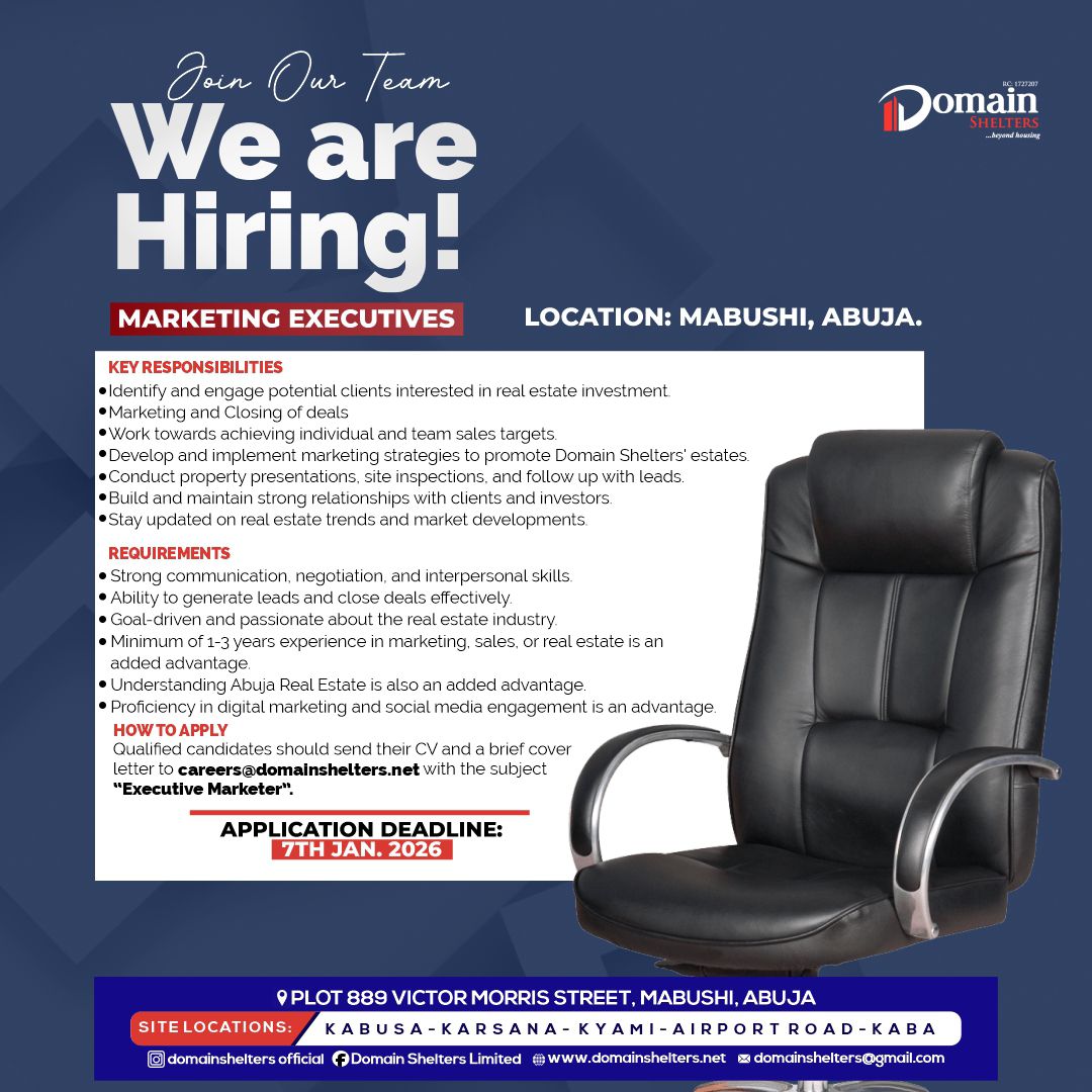 YorubaProjobs's tweet image. Hiring: Marketing Executives 📢

📍 Location: Mabushi, Abuja

📄 See flyer for details
📩 Send applications to domainshelters@gmail.com

#Hiring #MarketingJobs #AbujaJobs