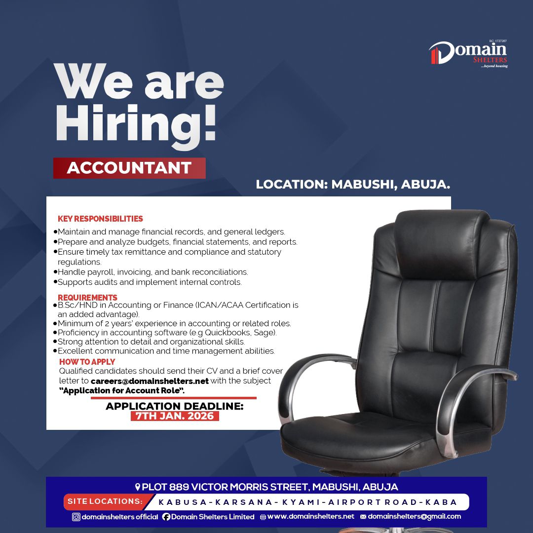 YorubaProjobs's tweet image. Hiring: Accountant 💼

📍 Location: Mabushi, Abuja

📄 See flyer for details
📩 Send applications to domainshelters@gmail.com

#Hiring #AccountingJobs #AbujaJobs