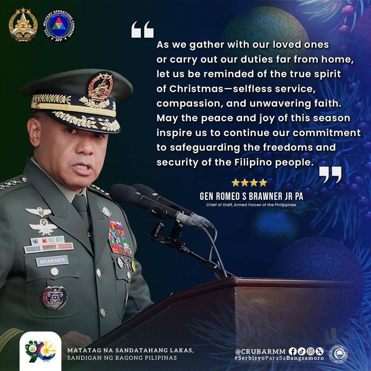 READ | Message of the AFP Chief of Staff General Romeo S Brawner Jr, on Christmas

Follow us on our social media accounts:

Instagram: instagram.com/crgbarmm 
TikTok: tiktok.com/crgbarmm 
Facebook: facebook.com/crubarmm
Facebook (Civil Affairs): facebook.com/crubangsamoro