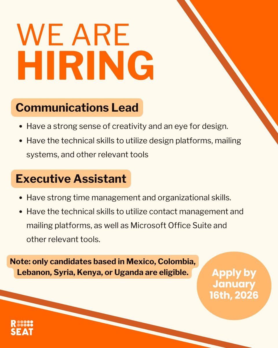 RefugeesSeat's tweet photo. 📢 We’re hiring!

R-SEAT is looking for a Communications Lead and an Executive Assistant to join our global, refugee-led team!

As a Communications Lead, you will drive our global communications, amplify refugee leadership, and shape narratives that influence systems.

As an Executive Assistant, you will support our leadership team with coordination, communications, and day-to-day operations.

Note: Only applicants based in Colombia, Mexico, Lebanon, Syria, Kenya, or Uganda are eligible. Applicants with lived experience of forced displacement are strongly encouraged to apply.

📅 Apply by January 16th, 2026.
🔗 Check the application requirements for both positions on our website: https://t.co/q9NsvFVz1v