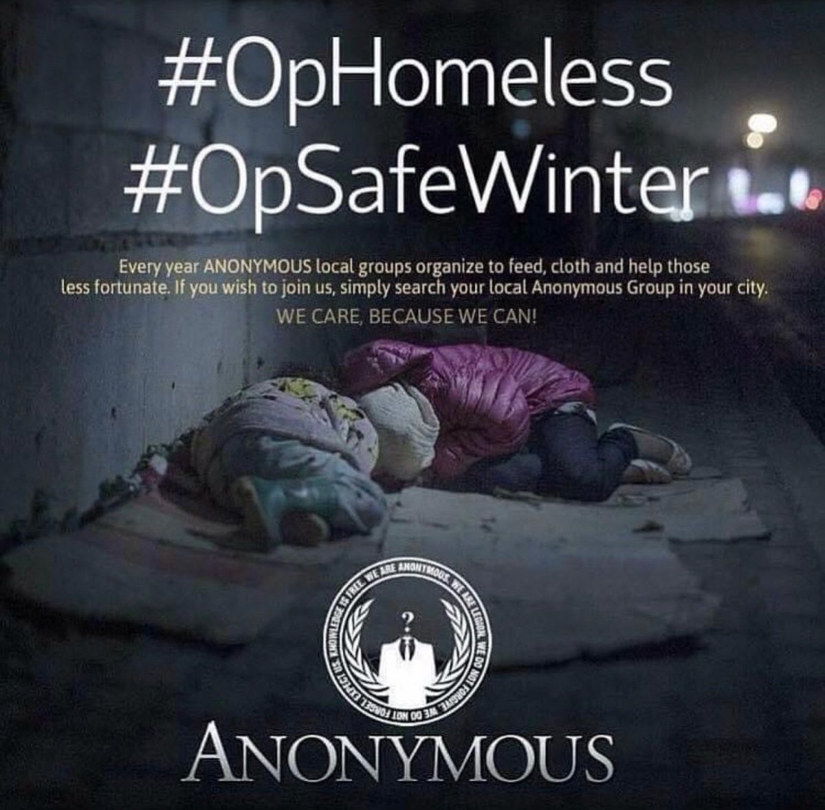 reddoormina's tweet photo. #Anonymous stands for the people and #OpWinter since 2013
#Homeless #Homelessness
#HelpTheHomeless
#WinterIsComing
Now is the time!
Please help and do whatever you can, thank you all โค๏ธ๐ https://t.co/WeXaszKkyz