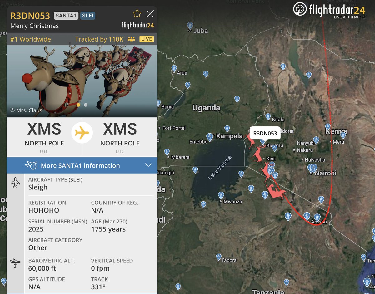 We’ve been informed that Santa just made a brief stop in the Serengeti. Apparently the “Big 5” had been nice this year.

Track Santa: flightradar24.com/R3DN053/3d9fb5…