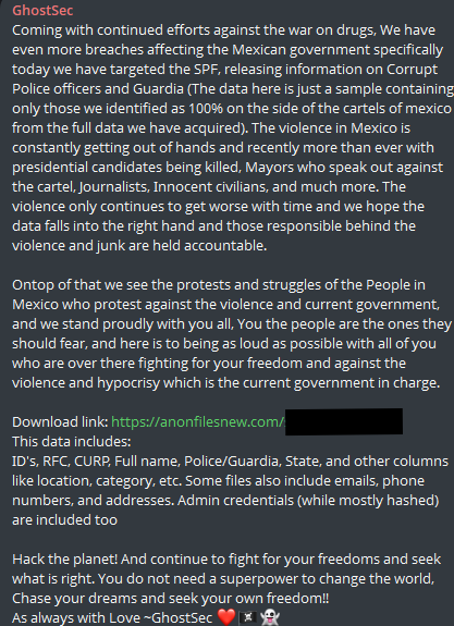 SebastianDAlex's tweet photo. Very recently In support of the people of Mexico GhostSec has breached the SPF and leaked a lot of data especially towards corrupt Police force and guardia forces who are tied to the cartel
Due to suspensions look for Gh0stSec on telegram ;)
#GhostSec #OpDrugWar #OpMexico https://t.co/Q0VzeNSbTy