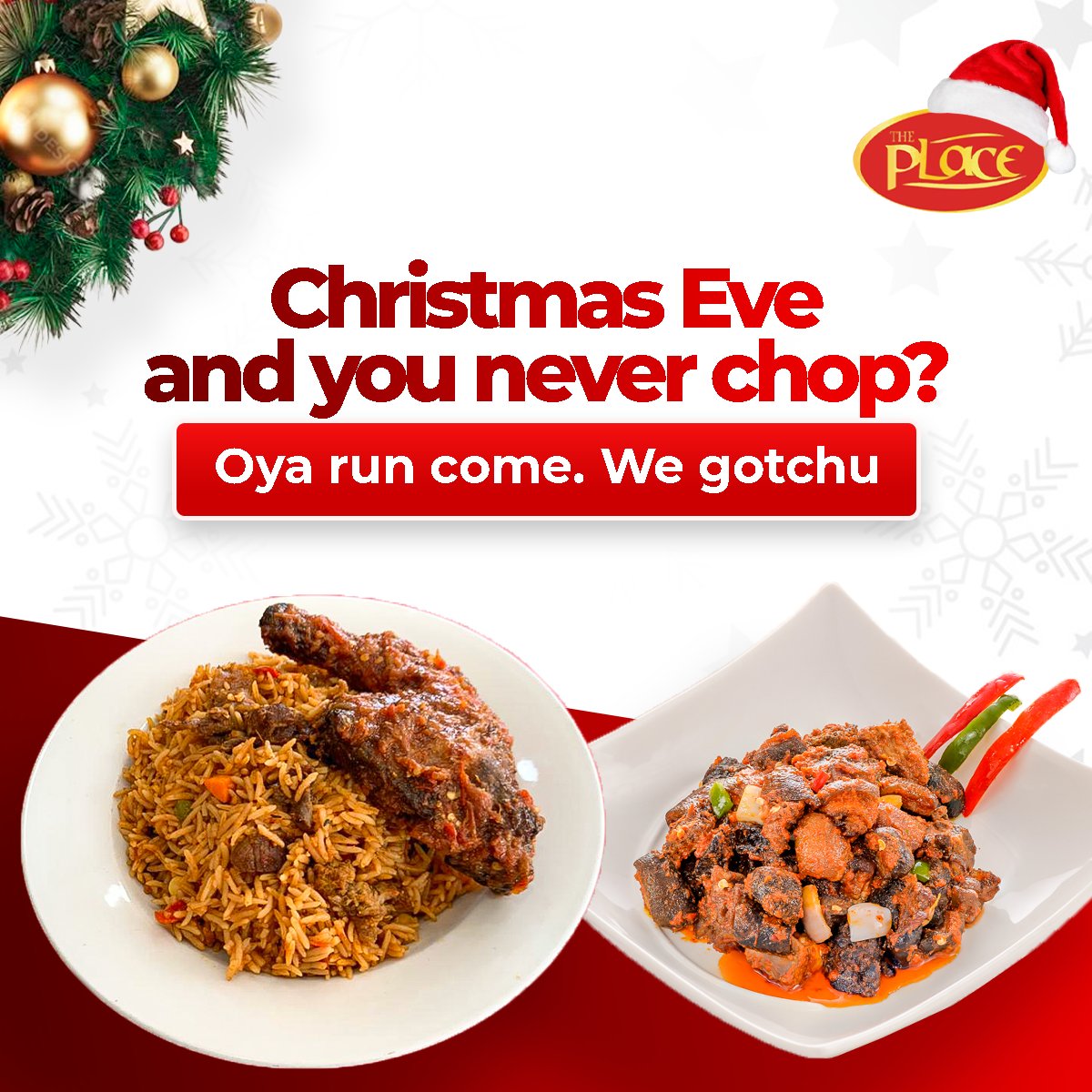 theplacefood_ng's tweet photo. It's Christmas Eve comrades!
We still dey for you!
#december #christmas #christmaseve🎄 #eatfirst https://t.co/cVQPbNhPBo