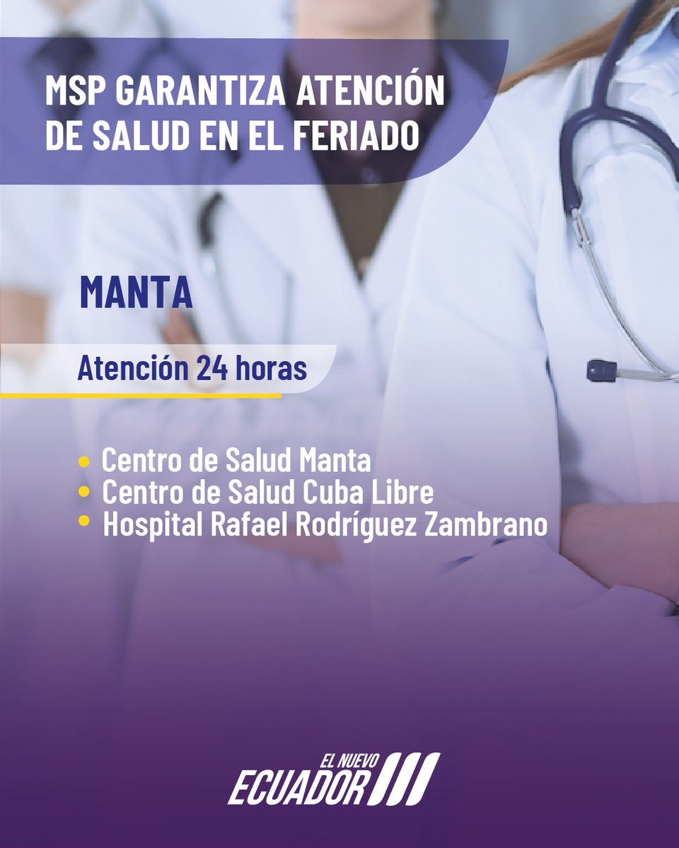 #ElNuevoEcuador | Ante alguna emergencia o urgencia de salud durante este feriado puedes acudir por atención a los siguientes establecimientos de <a href="/Salud_Ec/">Ministerio de Salud Pública 🇪🇨</a> en los cantones #Manta, #Montecristi o #Jaramijó. Así como el Hospital <a href="/HRZManta/">Hospital Rodríguez Zambrano 🇪🇨</a>.