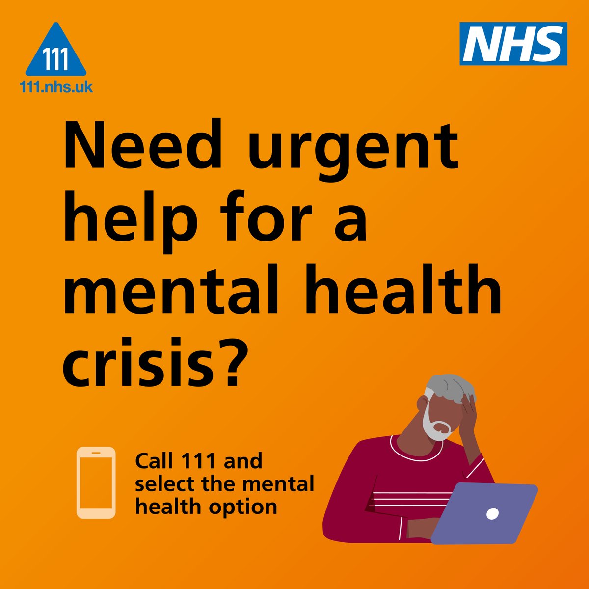 NHSDorset's tweet photo. If you or someone else is experiencing a mental health crisis, call 111 and select the mental health option for 24-hour urgent advice and support. 

Find out more: https://t.co/UzzefmyJrT https://t.co/FfltPszhQo
