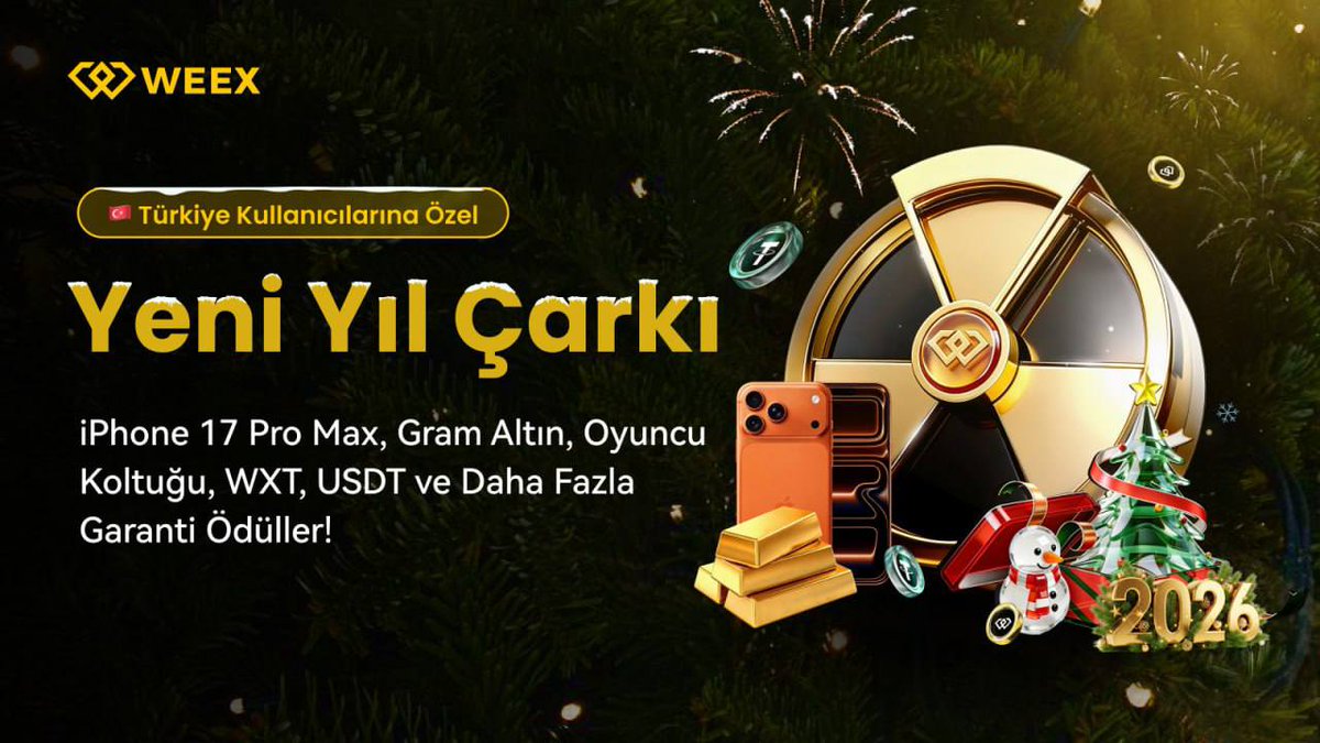 RobinProW's tweet image. 🎄 TÜRKİYE'YE ÖZEL #WEEX X Crypto Robin YENİ YIL ÇARKI 🎁🔥

2026'ya girerken $WEEX ’te Türkiye'ye özel garanti, yüksek ödüllü Yeni Yıl Çarkı burada! 🎡

Çarkı çevirin, her denemede ödül kazanın 🎯

🎁 Ödüller arasında:

📱 #iPhone 17 Pro Max
💛 Gram #Altın
🪑 WEEX #OyuncuKoltuğu…
