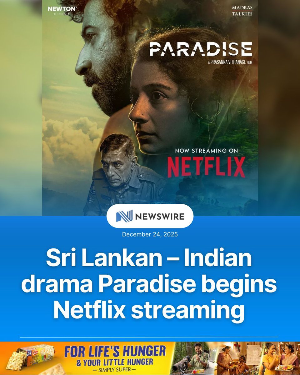 Paradise (2024), the Sri Lankan–Indian drama co-written and directed by Prasanna Vithanage, is now streaming on Netflix.

Presented by Mani Ratnam and Siva Ananth under Madras Talkies, the film follows a married couple whose anniversary getaway in Sri Lanka takes an unexpected