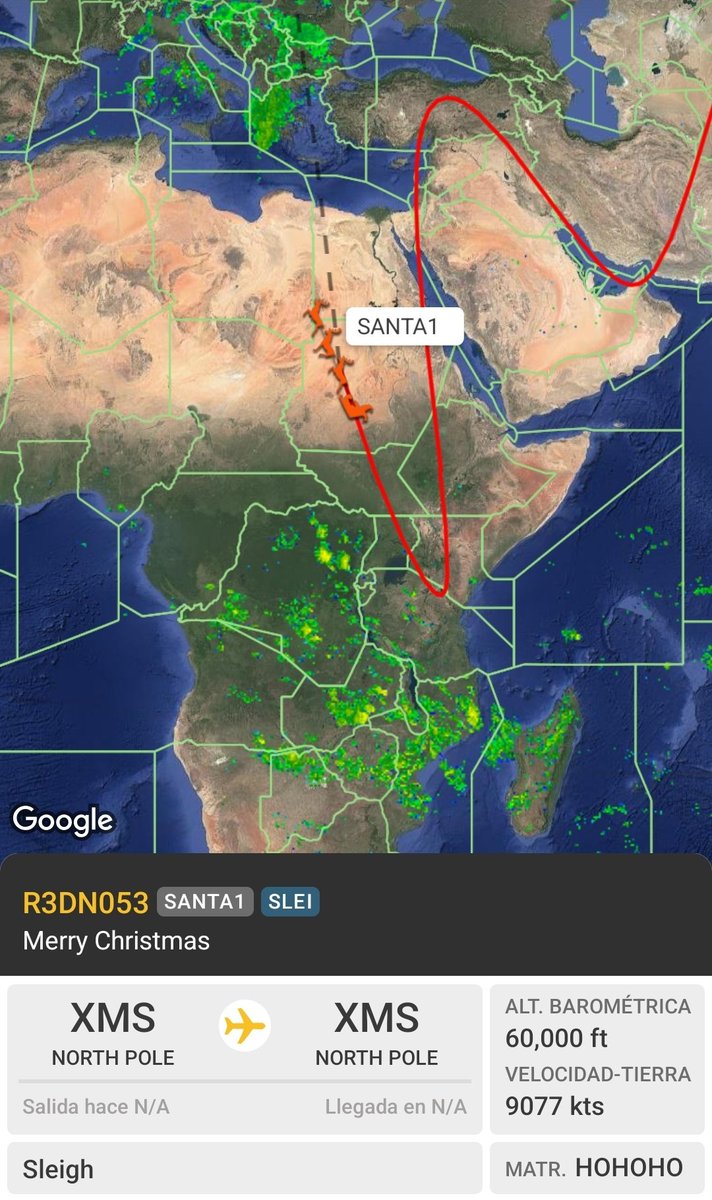 En #FlightRadar24 aparece uno de los vuelos más especiales del año: #SANTA1, siguiendo su ruta mientras cruza el continente africano para cumplir su misión global.
Con indicativo propio y un trayecto que solo ocurre una vez al año, este vuelo nos recuerda que la aviación también