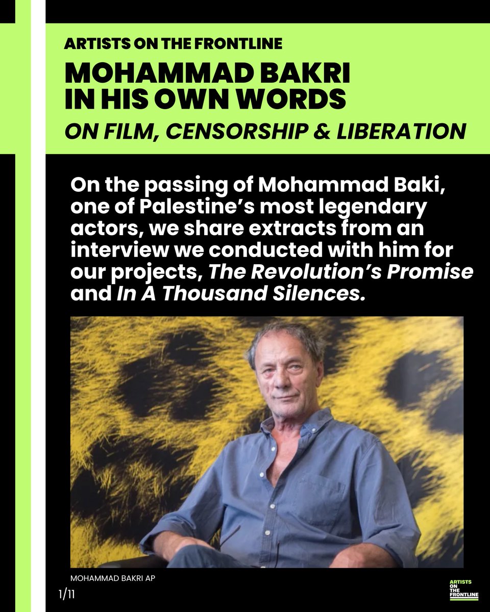 artfrontline's tweet image. “I grew up on values of liberation, that we should all be revolutionaries”

On the passing of Mohammad Baki, one of Palestine’s most legendary actors, we share extracts from an interview we conducted with him for The Revolution’s Promise and In A Thousand Silences 🧵