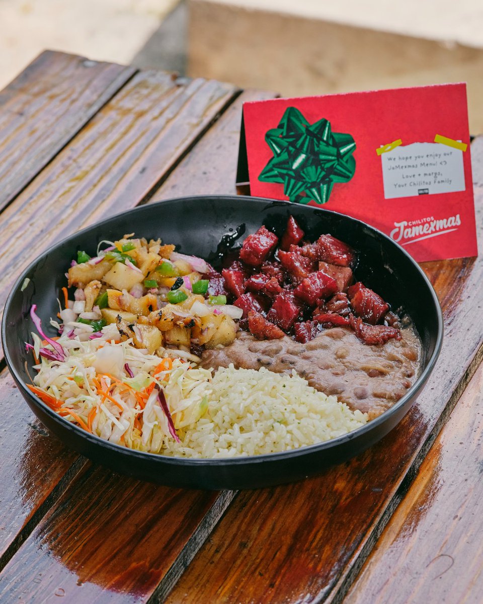 Want a taste of Christmas dinner before Christmas Day? 👀 The JaMexmas Bowl is Christmas in a bowl 🎄

Sorrel Glazed Ham, Pineapple Salsa, Refried Gungo with our House Slaw, Cilantro Rice &amp; Scallion Crema? 😉 Also available in burrito form. 🌯 #ChilitosJaMexican