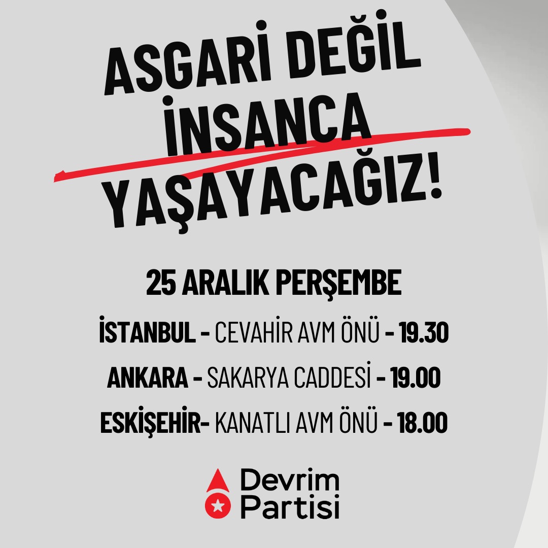 Asgari Değil İnsanca Yaşayacağız!

Bizim kendimizden başka gücümüz yok. Verdiğimiz emeğin karşılığını alabilmek için birlikte mücadele dışında yol yok.

Emekçi halkımızı, sömürüye son vermek için birlikte mücadeleye çağırıyoruz.