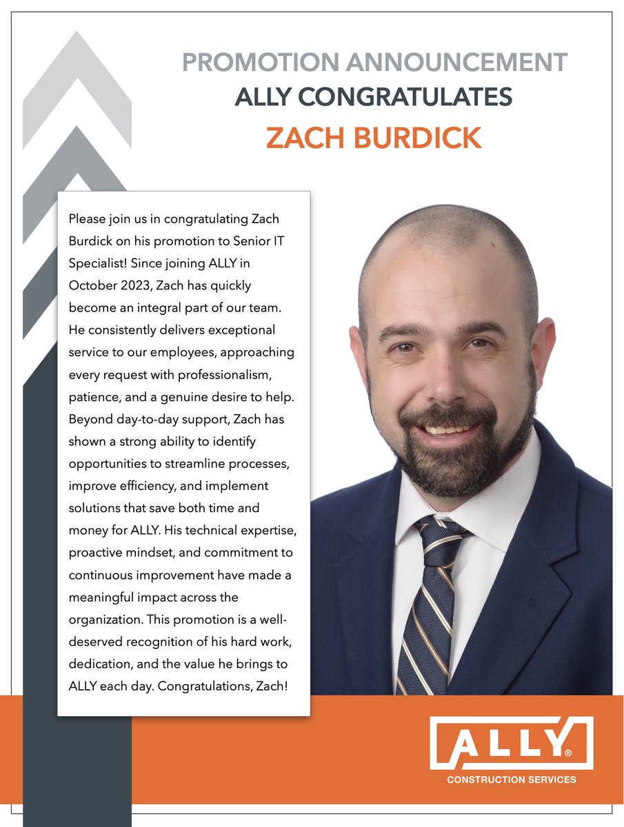 ALLYconstructs's tweet image. Huge congratulations to Zach Burdick on his promotion to Senior IT Specialist! Zach’s dedication, technical expertise, and commitment to improving how we work make a real impact across ALLY every day. This promotion is well deserved; congratulations, Zach!

#ALLYConstructionSvcs