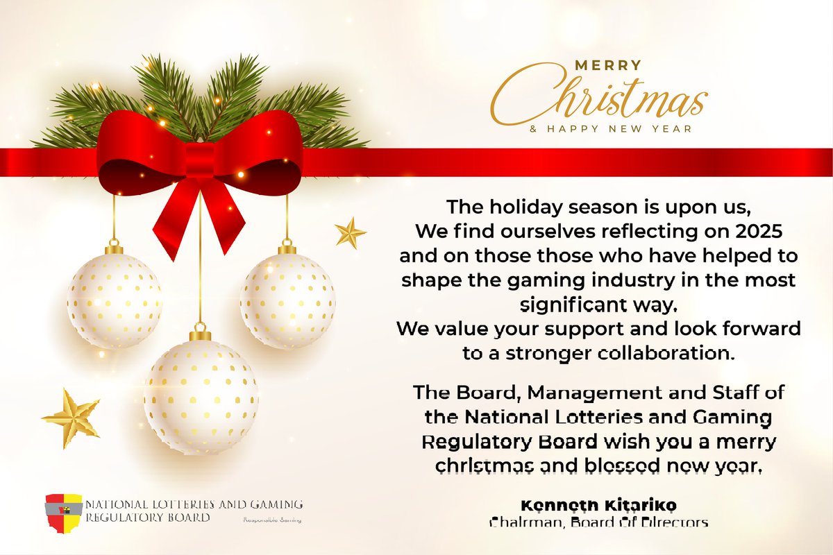 lgrb_uganda's tweet photo. As the year draws to a close and the festive season fills our hearts with joy, we at the National Lotteries and Gaming Regulatory Board want to take a moment to express our deepest gratitude to you.

​Whether you are punter, an operator, a partner in government, NGO or a member of the public, your support and trust have been the cornerstone of our success in 2025.

Remember gaming is fun only when you play or bet Responsibly!

Merry Christmas to you and your dear ones🎄 

#ResponsibleGamingUg 
#MerryChristmas