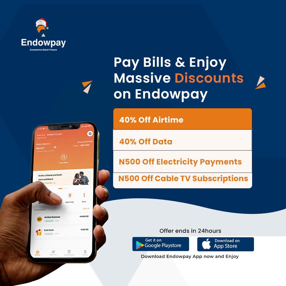 Pay bills and save more with EndowPay.
Enjoy 40% off Airtime &amp; Data plus ₦500 off Electricity and Cable TV subscriptions.
⏳ Offer valid for 24 hours only.

#EndowPay #DigitalPayments #Fintech #BillsPayment #Airtime #Data #NaijaFintech #MerryChristmas