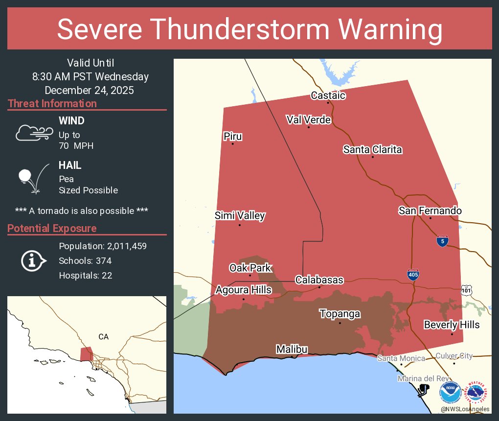 Severe Thunderstorm Warning continues for Santa Clarita CA, Simi Valley CA and  Beverly Hills CA until 8:30 AM PST. This storm will contain wind gusts to 70 MPH!