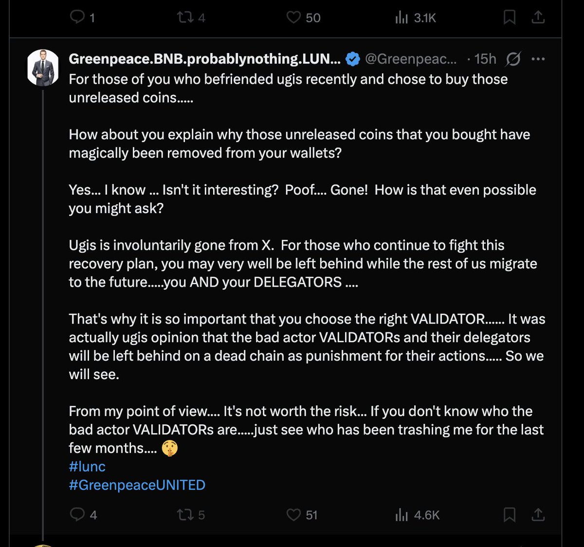 ImNorthwestWind's tweet image. Now @Greenpeace06_09 is saying this his other SCAM LUNC account @Ugisava is "involuntarily gone" - he's been telling people that Ugis found a secret Binance Chain and they threatened his life. LOL.
