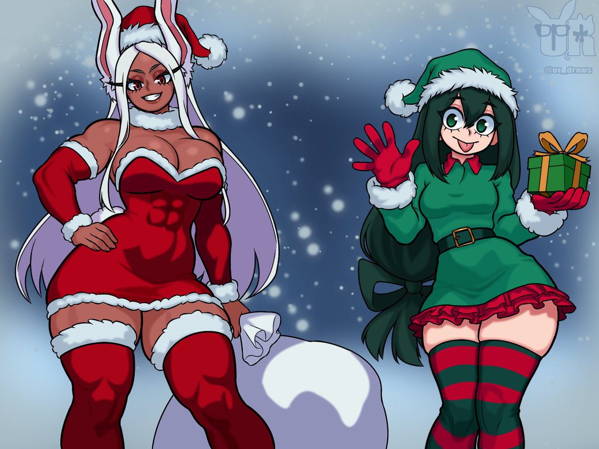 or_draws's tweet photo. Mirko &amp; Froppy to the rescue! 🐰🐸  The My Hero Academia heroines are delivering gifts to SAVE CHRISTMAS!  🎁🎄
What gift would you like them to give you?

#MHA #Mirko #TsuyuAsui https://t.co/9WI7LTlXFs