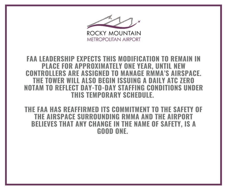 We promised to keep our community informed—and we’re keeping that promise. The FAA has announced a temporary change to air traffic control tower hours starting December 28. RMMA does not manage tower staffing, but we are committed to sharing FAA updates with our community.