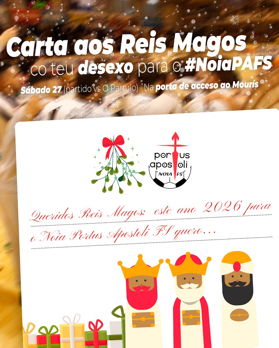 NoiaFutbolSala's tweet image. Este sábado, os máis pequenos* poderán deixar a carta aos 𝗥𝗲𝗶𝘀 𝗠𝗮𝗴𝗼𝘀 👑 co seu desexo para o #NoiaPAFS 🤍 no 2026!

📨 Leva a carta da casa ou enche unha das que poñeremos a disposición
📪 Introdúcea no buzón da porta principal de acceso

*E os non tan pequenos, tamén 😁