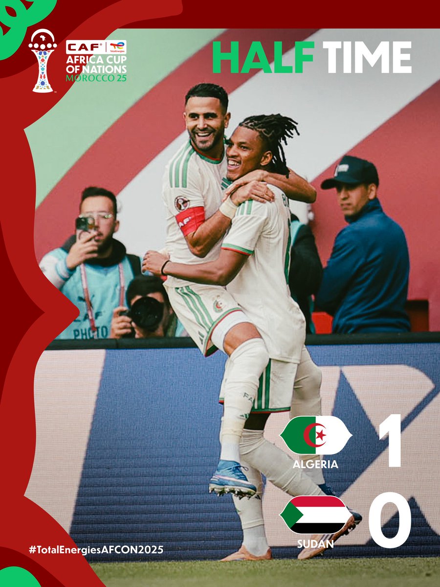 منتخبنا الوطني السوداني 🇸🇩 متأخر 1-0 أمام الجزائر في مواجهة الجولة الأولى من بطولة أمم إفريقيا المغرب 2025.

#منتخب_السودان #السودان #كأس_أمم_أفريقيا
#AFCON2025 | #TotalEnergiesAFCON2025