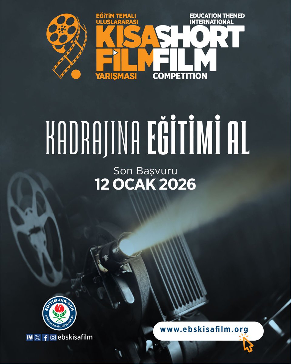 🎬 Kadrajına eğitimi al!

Eğitim-Bir-Sen olarak düzenlediğimiz Eğitim Temalı 9. Uluslararası Kısa Film Yarışması için başvurular, 12 Ocak’ta sona erecek.

Ülkemizin ve dünyanın dört bir yanından eğitimin hikayesi beyaz perdeye taşınıyor.

👉 Detaylar için web sitemizi ziyaret