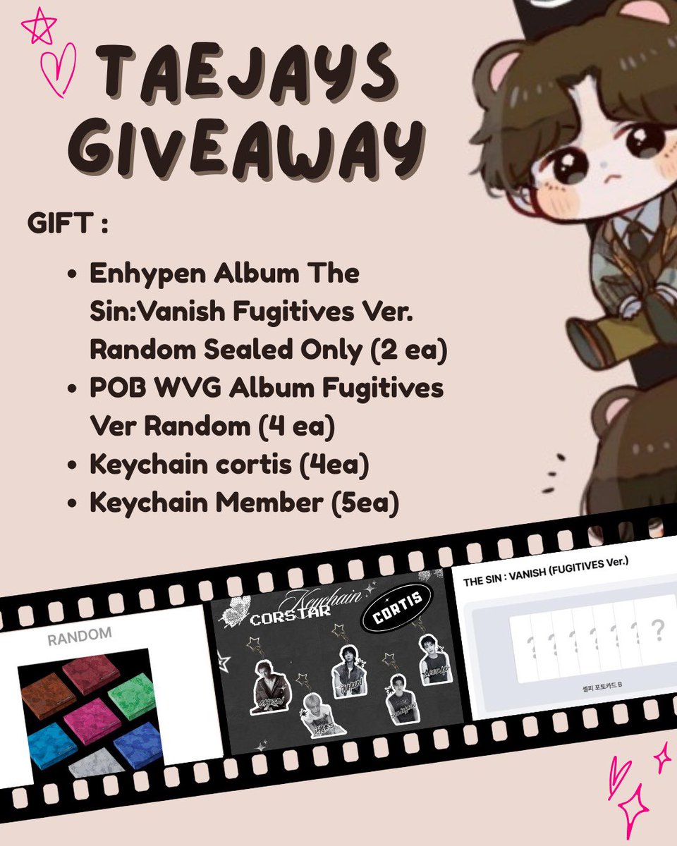 TAEJAYS GIVEAWAY 🐻
detailing gift 🎁 on the pict

rules : 
- follow akun twt <a href="/bytaejays/">TAEJAYS GO 🐻 | OPEN TRIP KONSER 🚌</a>
- ⁠follow akun ig 
👉🏻 instagram.com/bytaejays
- ⁠follow akun tiktok 
👉🏻 tiktok.com/@bytaejays
- like &amp; RT
- drop photo proof &amp; comment "done"

End 31 december 22.00
Goodluck 🫶🏻