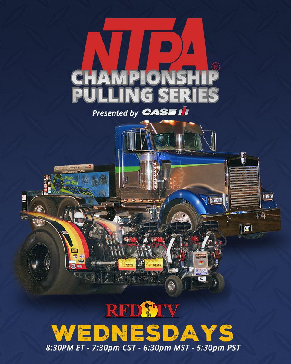 NTPApull's tweet photo. The 2025 NTPA Season is on RFD-TV! How do you like your horsepower? Unlimiteds and Super Semis roll through the North Iowa Nationals! 🚜 💨 New episodes of the NTPA Championship Pulling Series every Wednesday at 8:30pm ET. 📺 #rfdtv #tvseries https://t.co/opHvnMunPW