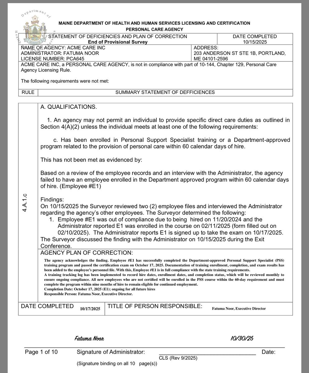 In a remarkable turn of events, Fatuma Noor (took $65k Lewiston shooting money via “Generational Noor”) also runs a Medicaid agency out of her subsidized apartment.

She was hit w/ a massive “corrective plan” this year, meaning she wasn’t following 12+ rules to get Medicaid