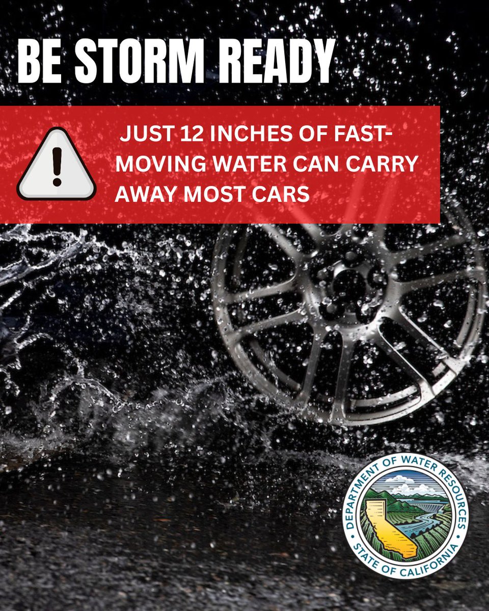 CA_DWR's tweet image. Did you know that just 12 inches of fast-moving water can carry away most cars? With rain being experienced across California, please be aware of your surroundings and stay safe on the roads by never driving into flooded areas.
#Prepare #California #Storms #Rain