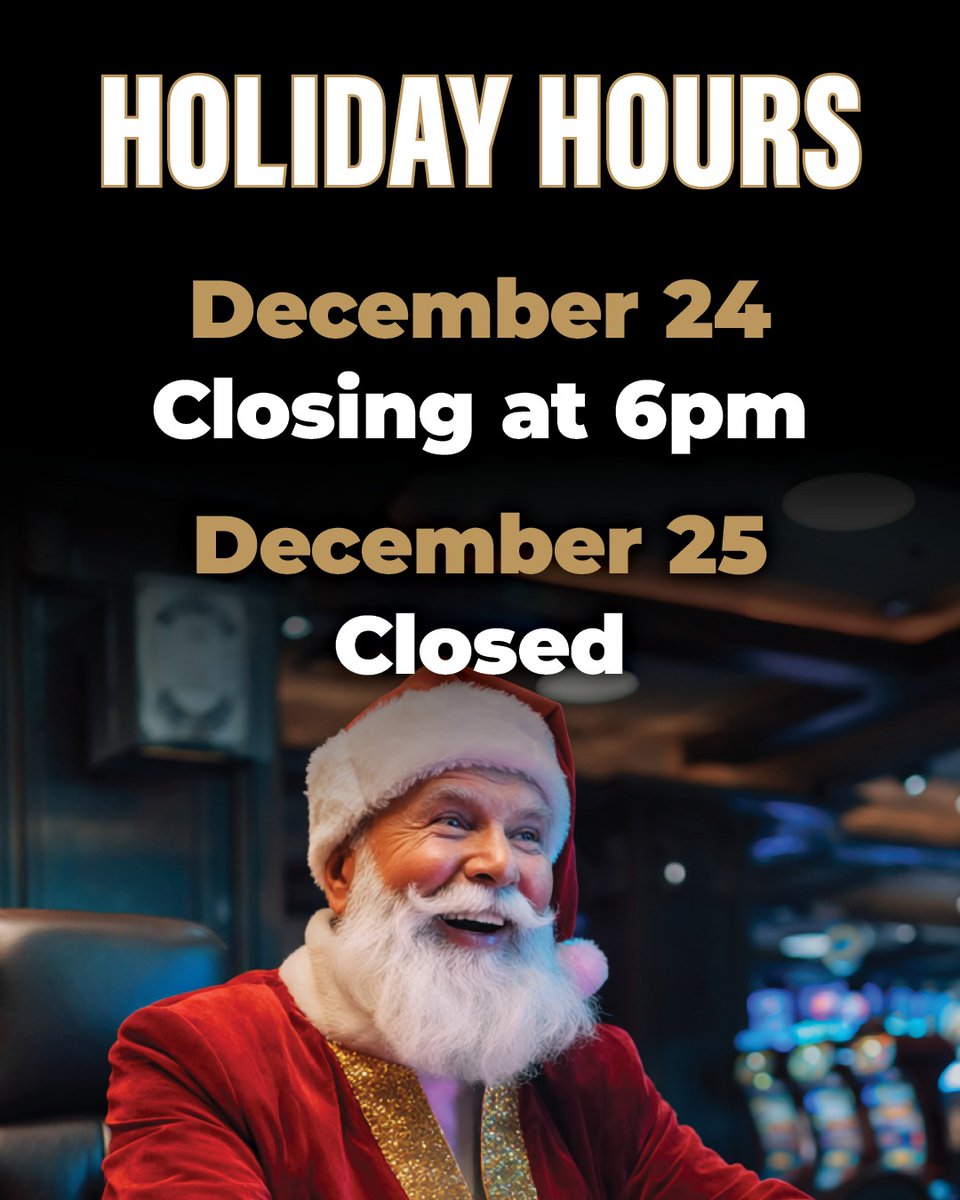 🎁Holiday Hours Reminder🎁

We will be closing early today, Wednesday, December 24th at 6pm and will be closed on Thursday, December 25th. We look forward to seeing you all back at #OrangeCityPoker on Thursday, December 26th!
